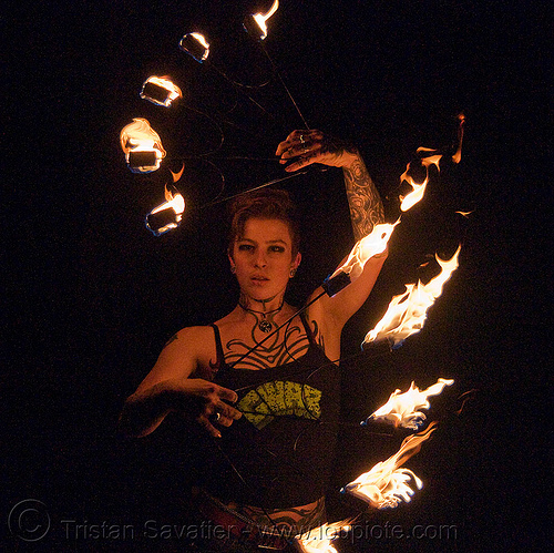 fire fans (san francisco) - fire dancer - leah, fire dancer, fire dancing, fire fans, fire performer, fire spinning, leah, night, spinning fire, tattooed, tattoos, woman