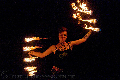 fire fans (san francisco) - fire dancer - leah, fire dancer, fire dancing, fire fans, fire performer, fire spinning, leah, night, spinning fire, tattooed, tattoos, woman