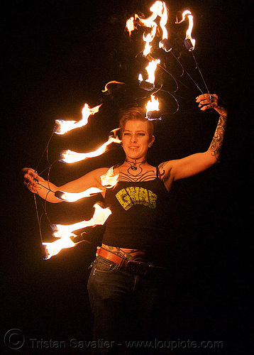 fire fans (san francisco) - fire dancer - leah, fire dancer, fire dancing, fire fans, fire performer, fire spinning, leah, night, spinning fire, tattooed, tattoos, woman