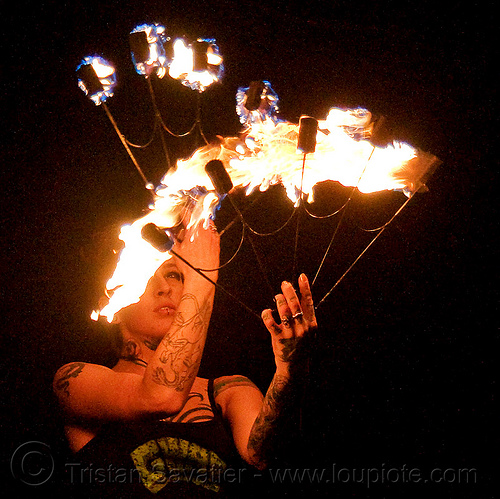 fire fans (san francisco) - fire dancer - leah, fire dancer, fire dancing, fire fans, fire performer, fire spinning, leah, night, spinning fire, tattooed, tattoos, woman