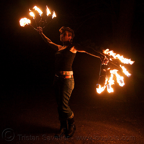 fire fans (san francisco) - fire dancer - leah, fire dancer, fire dancing, fire fans, fire performer, fire spinning, leah, night, spinning fire, tattooed, tattoos, woman