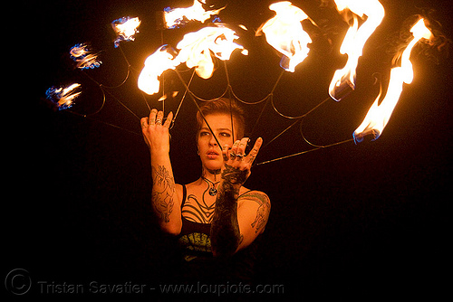 fire fans (san francisco) - fire dancer - leah, fire dancer, fire dancing, fire fans, fire performer, fire spinning, leah, night, spinning fire, tattooed, tattoos, woman