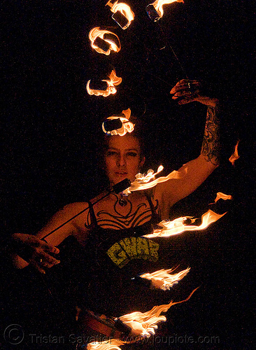 fire fans (san francisco) - fire dancer - leah, fire dancer, fire dancing, fire fans, fire performer, fire spinning, leah, night, spinning fire, tattooed, tattoos, woman