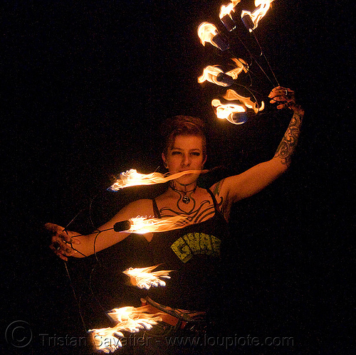 fire fans (san francisco) - fire dancer - leah, fire dancer, fire dancing, fire fans, fire performer, fire spinning, leah, night, spinning fire, tattooed, tattoos, woman