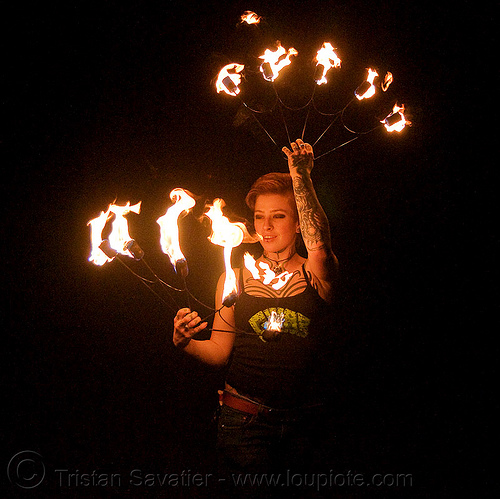 fire fans (san francisco) - fire dancer - leah, fire dancer, fire dancing, fire fans, fire performer, fire spinning, leah, night, spinning fire, tattooed, tattoos, woman