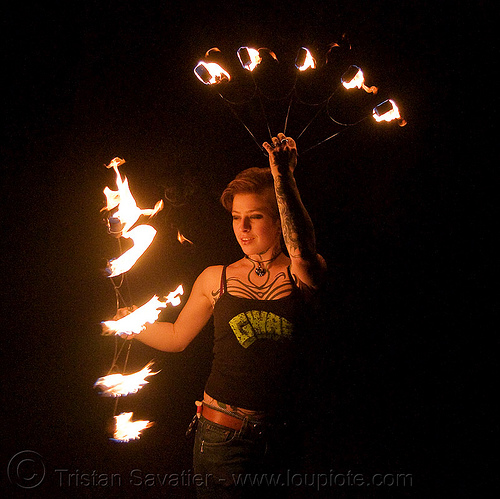 fire fans (san francisco) - fire dancer - leah, fire dancer, fire dancing, fire fans, fire performer, fire spinning, leah, night, spinning fire, tattooed, tattoos, woman