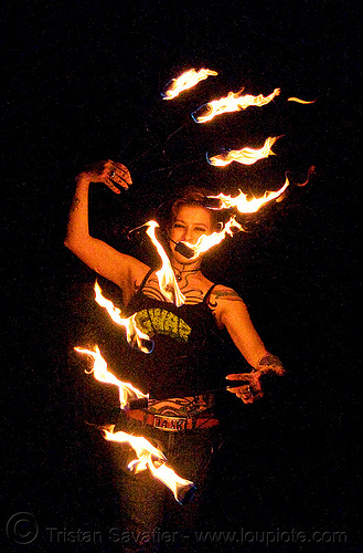 fire fans (san francisco) - fire dancer - leah, fire dancer, fire dancing, fire fans, fire performer, fire spinning, leah, night, spinning fire, tattooed, tattoos, woman