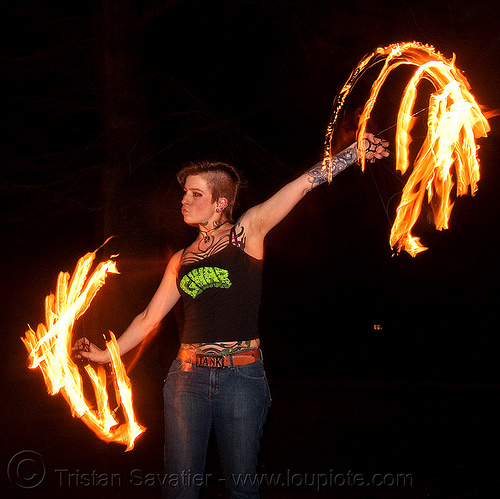 fire fans (san francisco) - fire dancer - leah, fire dancer, fire dancing, fire fans, fire performer, fire spinning, leah, night, spinning fire, tattooed, tattoos, woman