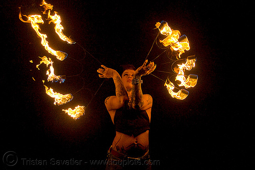 fire fans (san francisco) - fire dancer - leah, fire dancer, fire dancing, fire fans, fire performer, fire spinning, leah, night, spinning fire, tattooed, tattoos, woman