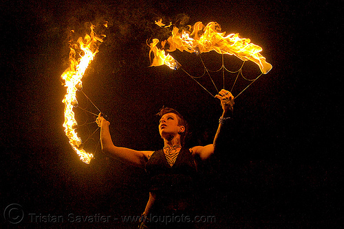 fire fans (san francisco) - fire dancer - leah, fire dancer, fire dancing, fire fans, fire performer, fire spinning, leah, night, spinning fire, tattooed, tattoos, woman