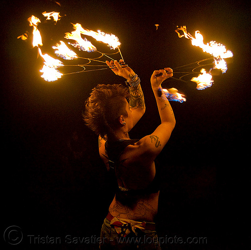 fire fans (san francisco) - fire dancer - leah, fire dancer, fire dancing, fire fans, fire performer, fire spinning, leah, night, spinning fire, tattooed, tattoos, woman