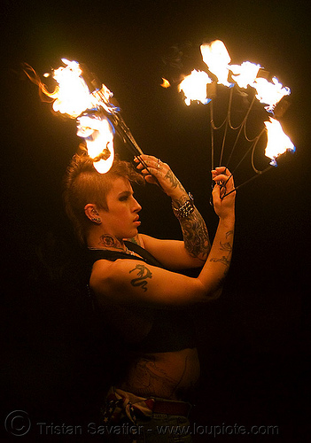 fire fans (san francisco) - fire dancer - leah, backlight, fire dancer, fire dancing, fire fans, fire performer, fire spinning, leah, night, spinning fire, tattooed, tattoos, woman