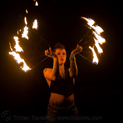 fire fans (san francisco) - fire dancer - leah, backlight, fire dancer, fire dancing, fire fans, fire performer, fire spinning, leah, night, spinning fire, tattooed, tattoos, woman