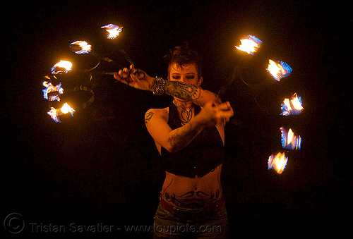 fire fans (san francisco) - fire dancer - leah, backlight, fire dancer, fire dancing, fire fans, fire performer, fire spinning, leah, night, spinning fire, tattooed, tattoos, woman