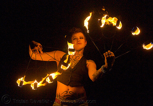 fire fans (san francisco) - fire dancer - leah, backlight, fire dancer, fire dancing, fire fans, fire performer, fire spinning, leah, night, spinning fire, tattooed, tattoos, woman