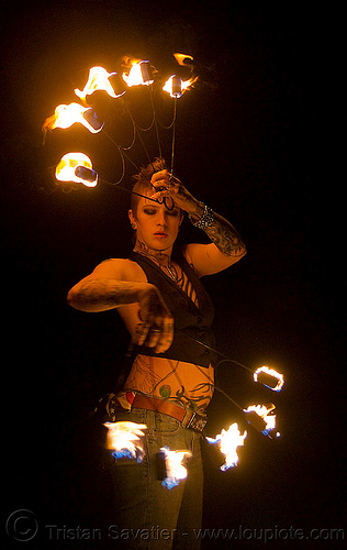 fire fans (san francisco) - fire dancer - leah, backlight, fire dancer, fire dancing, fire fans, fire performer, fire spinning, leah, night, spinning fire, tattooed, tattoos, woman