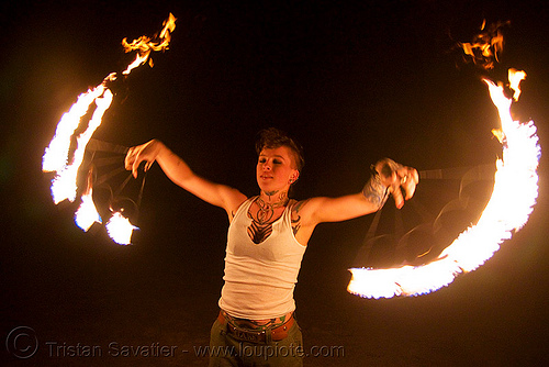 fire fans (san francisco) - fire dancer - leah, fire dancer, fire dancing, fire fans, fire performer, fire spinning, leah, night, spinning fire, tattooed, tattoos, woman