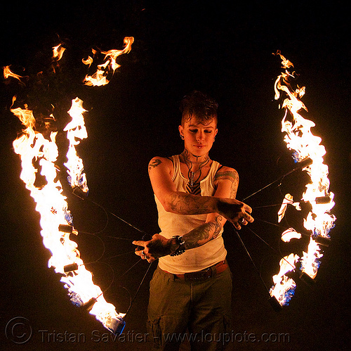 fire fans (san francisco) - fire dancer - leah, fire dancer, fire dancing, fire fans, fire performer, fire spinning, leah, night, spinning fire, tattooed, tattoos, woman