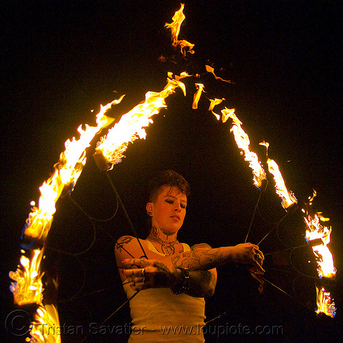 fire fans (san francisco) - fire dancer - leah, fire dancer, fire dancing, fire fans, fire performer, fire spinning, leah, night, spinning fire, tattooed, tattoos, woman