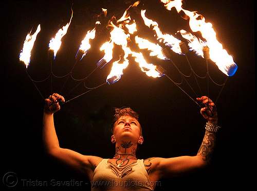 fire fans (san francisco) - fire dancer - leah, fire dancer, fire dancing, fire fans, fire performer, fire spinning, leah, night, spinning fire, tattooed, tattoos, woman