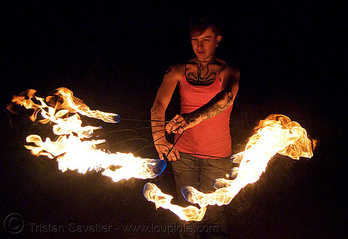 fire fans (san francisco) - fire dancer - leah, fire dancer, fire dancing, fire fans, fire performer, fire spinning, leah, night, spinning fire, tattooed, tattoos, woman