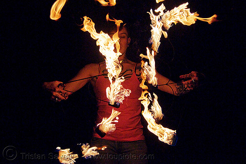 fire fans (san francisco) - fire dancer - leah, fire dancer, fire dancing, fire fans, fire performer, fire spinning, leah, night, spinning fire, tattooed, tattoos, woman