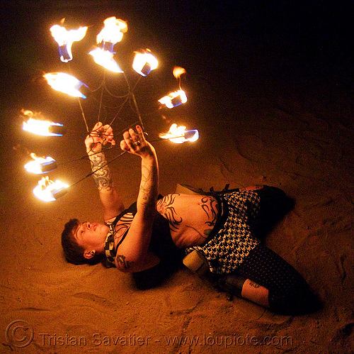 fire fans (san francisco) - fire dancer - leah, bending backward, fire dancer, fire dancing, fire fans, fire performer, fire spinning, leah, night, spinning fire, tattooed, tattoos, woman