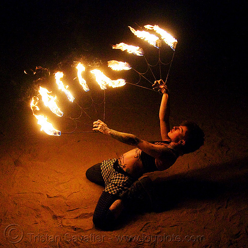 fire fans (san francisco) - fire dancer - leah, bending backward, fire dancer, fire dancing, fire fans, fire performer, fire spinning, leah, night, spinning fire, tattooed, tattoos, woman