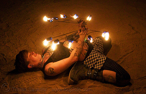 fire fans (san francisco) - fire dancer - leah, bending backward, fire dancer, fire dancing, fire fans, fire performer, fire spinning, leah, night, spinning fire, tattooed, tattoos, woman