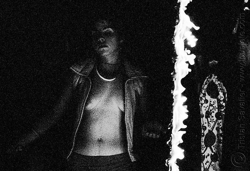 fire girl, burning man at night, fire, p3200tmz, tmax, woman