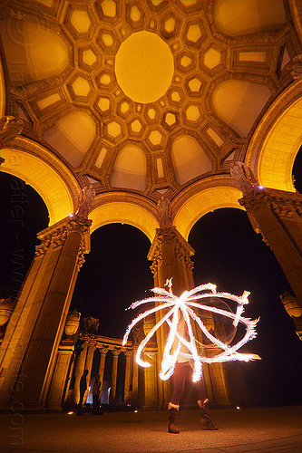 fire hoop at the palace of fine arts, arches, columns, dome, fire dancer, fire dancing, fire hoop, fire performer, fire spinning, hulahoop, mel, night, vaults, woman