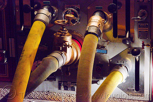 fire hoses hooked to firetruck (san francisco), fire department, fire engine pump, fire fighting, fire hoses, fire truck, night, sffd, valves, water pump