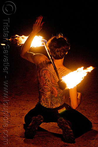 fire performer spinning fire staff - back tattoo (san francisco), back piece, fire dancer, fire dancing, fire performer, fire spinning, fire staff, man, night, spinning fire, tattooed, tattoos, vin deluca