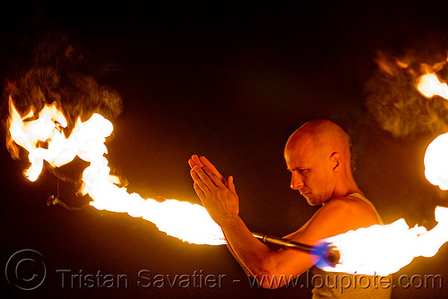 fire performer spinning fire staff - bob (san francisco), bald head, bob, fire dancer, fire dancing, fire performer, fire spinning, fire staff, man, night, spinning fire