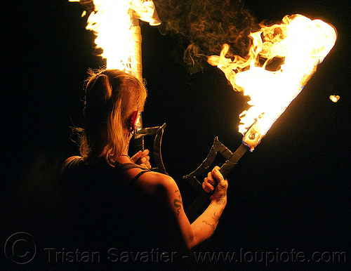 fire performer with fire swords, fire dancer, fire dancing, fire performer, fire spinning, fire swords, leah, night, tattooed, tattoos, woman