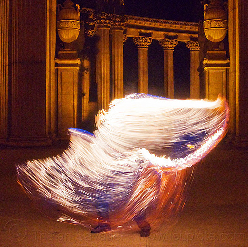fire performer with fire whip, cary, columns, fire dancer, fire dancing, fire performer, fire spinning, fire whip, man, night, palace of fine arts