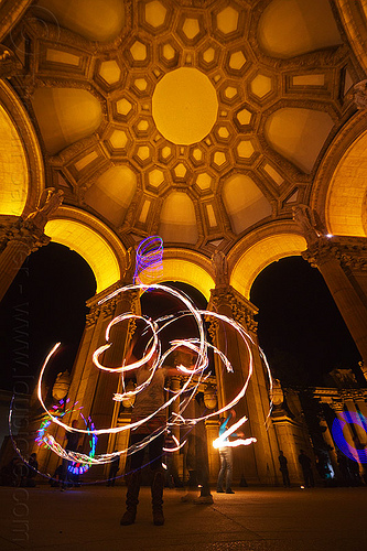 fire performers under the dome of the palace of fine arts, arches, columns, dome, fire dancer, fire dancing, fire hoop, fire performer, fire spinning, hulahoop, led lights, mel, night, vaults, woman