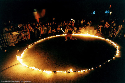 fire ring - burning man decompression (san francisco), circle, fire dancer, fire dancing, fire performer, fire poi, fire spinning, night, spinning fire