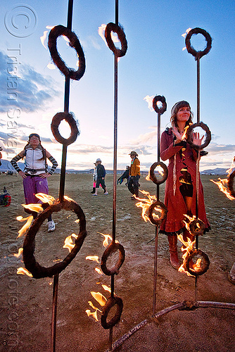 fire sculpture - nucleus by kasia danuta-bilhartz, burning man, dusk, fire, rings, sculpture
