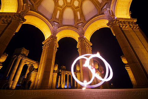 fire spinning at the palace of fine arts, columns, dome, fire dancer, fire dancing, fire performer, fire spinning, night, palace of fine arts