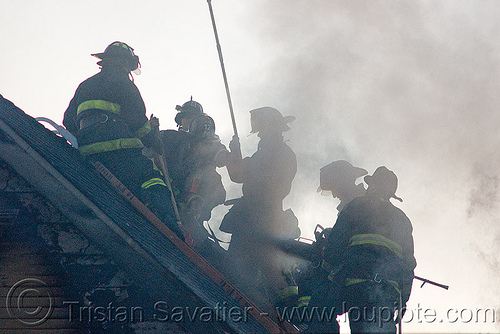 firefighters - sffd (san francisco fire department), emergency services, extinguishing, fire department, firefighters, firemen, reflective vests, roof, safety helmets, safety vests, sffd, silhouettes, smoke, smoking, tools