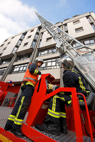 firefighters training with fire truck ladder (paris), fire department, fire engine, fire truck ladder, firefighters, ladder fire truck, ladder truck, lorry, pompiers, red, training