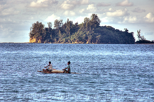 fishermen on small double outrigger canoe, bangka, borneo, boy, double outrigger canoe, fisherman, fishermen, fishing canoe, fishing net, island, kelambu beach, malaysia, man, ocean, paddles, paddling, river boat, rowing boat, sailing, sea, seashore, small boat