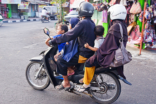 five on a motorbike (indonesia), children, five, helmets, kids, man, motorcycle helmet, rider, riding, underbone motorcycle, woman