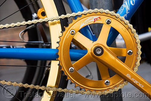 fixed gear bicycle chainwheel and chain - fixie, bicycle chain, blue, chainwheel, fixed gear bike, fixie bike, golden color, sugino, track bike, yellow