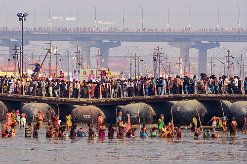 floating bridge over ganges river - kumbh mela (india), bathing pilgrims, crowd, floating bridge, ganga, ganges river, hindu pilgrimage, hinduism, holy bath, holy dip, kumbh maha snan, kumbh mela, mauni amavasya, nadi bath, pontoon bridge, river bathing