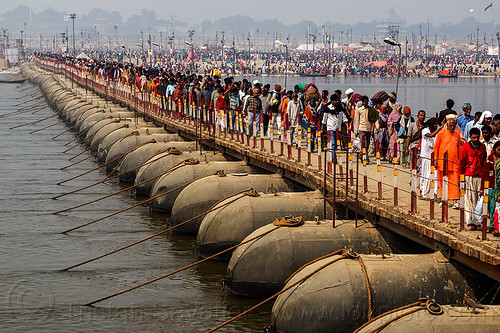 floating bridge (pontoon bridge) - kumbh mela (india), crowd, floating bridge, foot bridge, ganga, ganges river, hindu pilgrimage, hinduism, kumbh mela, metal tanks, pontoon bridge, walking
