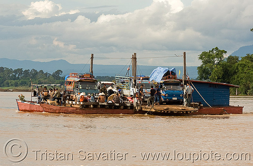 floating traffic jam? no, just a mekong river ferry (laos), ferry boat, mekong, minibus, river crossing, river ferry, songthaews