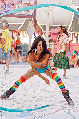 flowing ribbon artist - mumu, blue ribbon, flowing ribbon, performance, rainbow colors, rainbow stockings, rainbow tights, woman