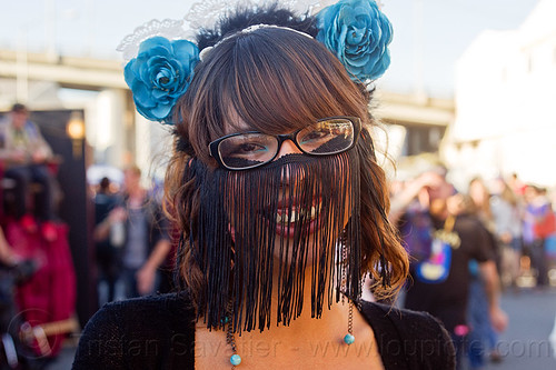 fly fringes carnival mask, black mask, blue flowers, carnival mask, earrings, eyeglasses, eyewear, fashion, flower headdress, fly fringes, fringe veil, fringes veil, sarah, spectacles, woman